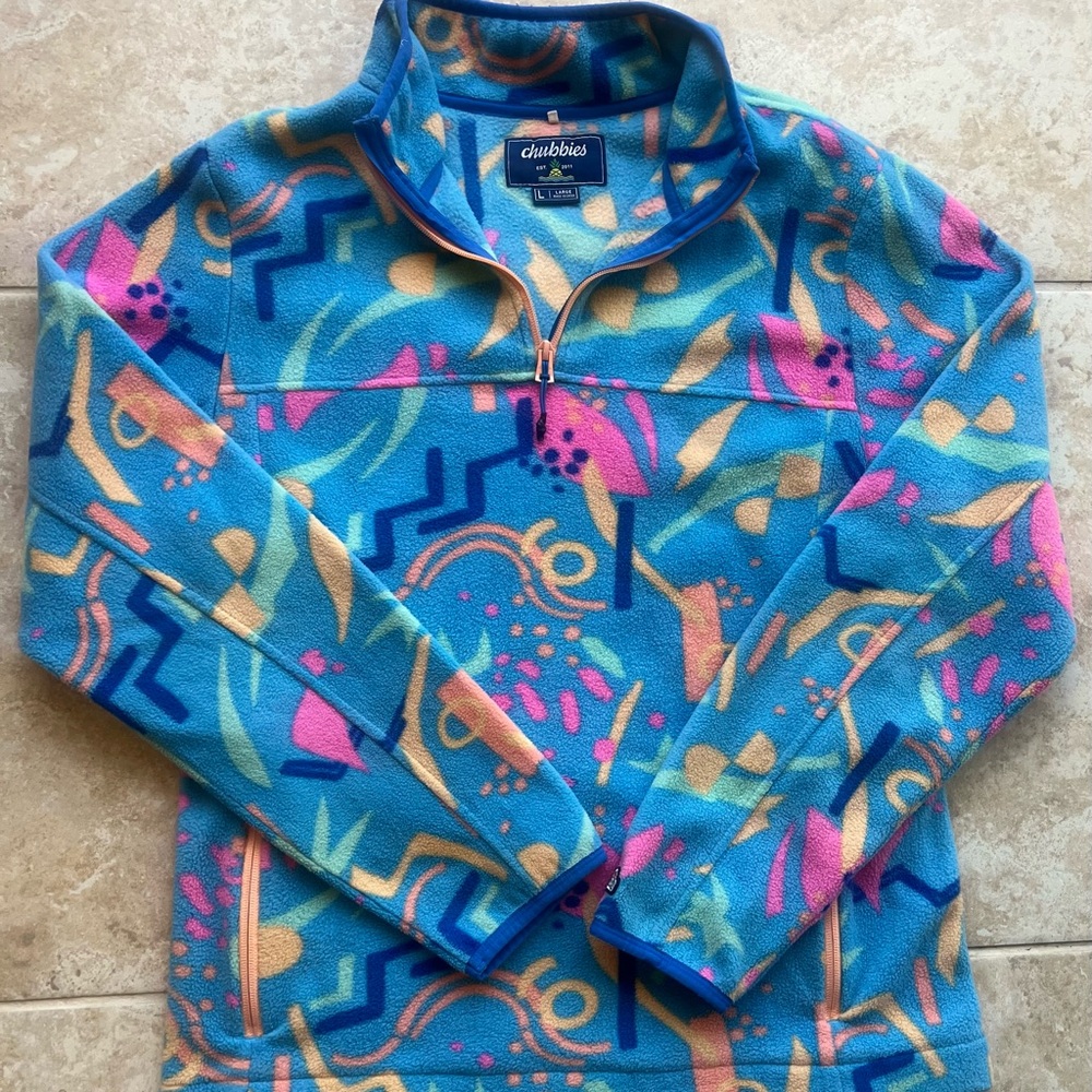 Chubbies Fleece Pullover Jacket Neon Retro Quarter Zip Size LARGE